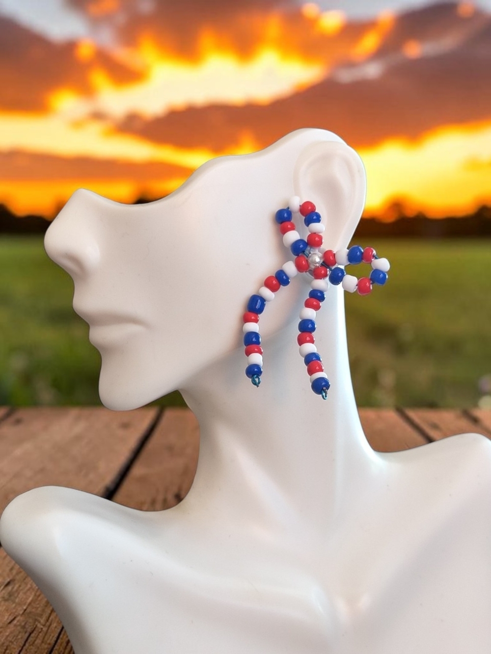 Patriotic Red, White & Blue Beaded Ribbon BowEarrings